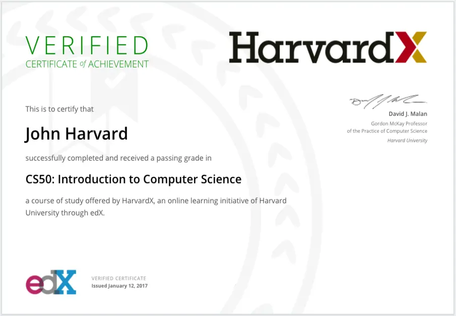 An edX verified certificate of achievement