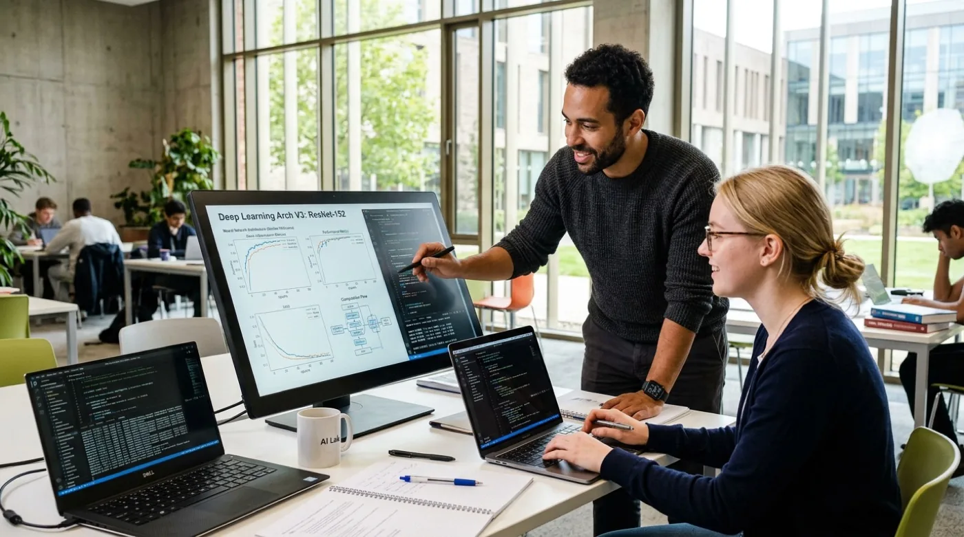 AI graduate students studying deep learning training charts in university library