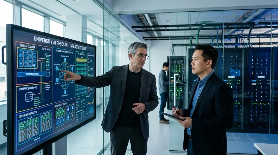 AI infrastructure professor and enterprise IT systems architect in university server laboratory