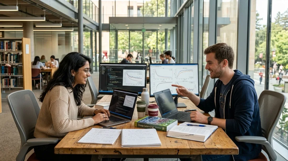 AI graduate students studying deep learning training charts in university library