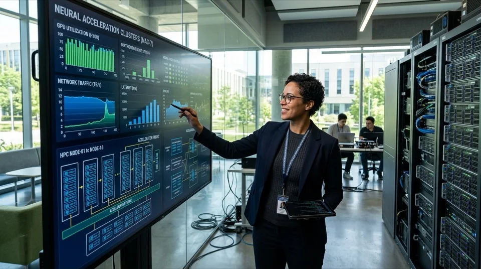 AI systems architect analyzing high-performance distributed computing nodes and clusters