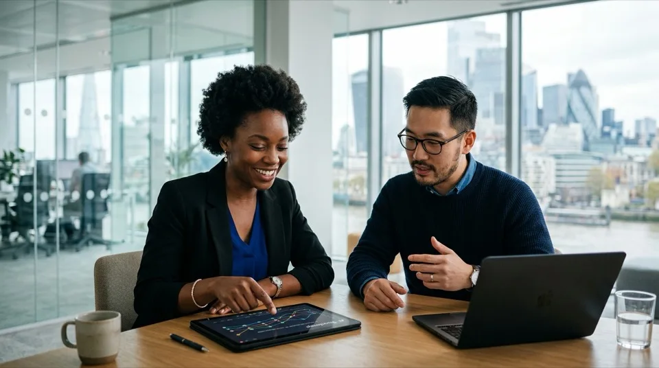 Business professionals analyzing business strategies and AI data
