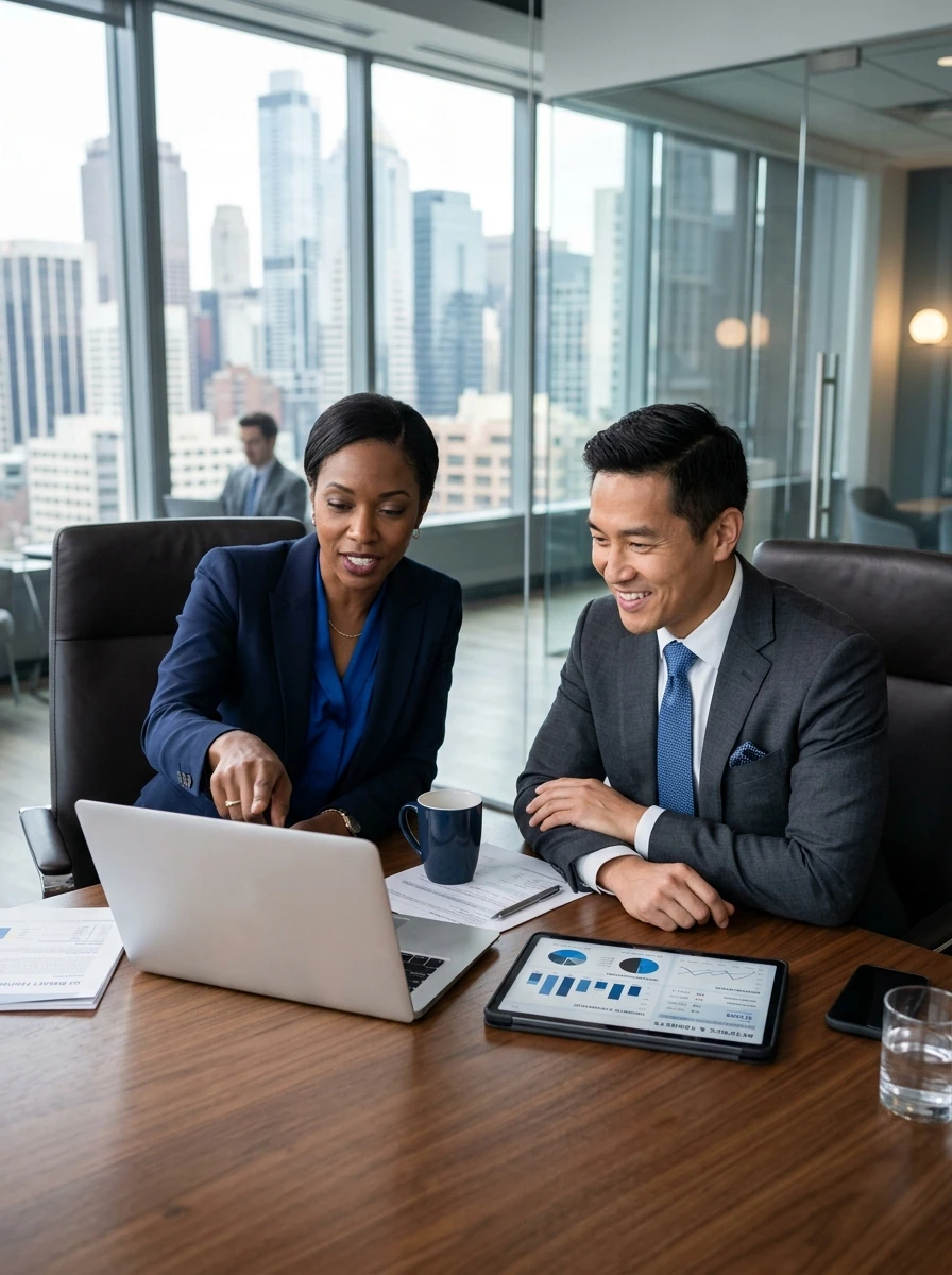 Business professionals analyzing business strategies and AI data