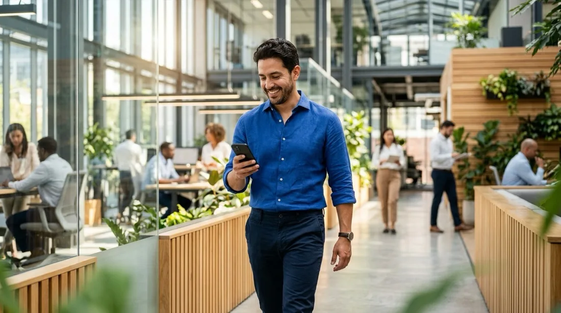 Professional walking confidently in modern business tech incubator