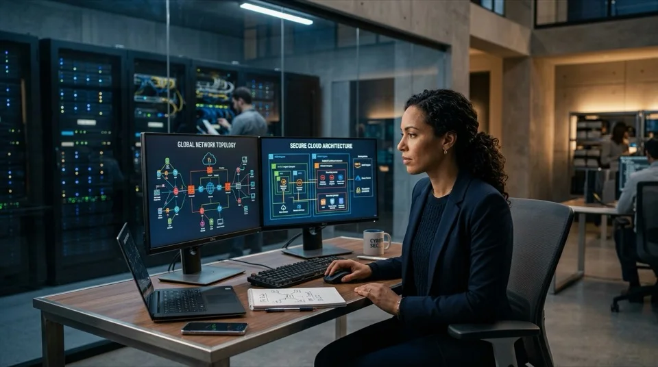 Network engineer and IT solutions instructor analyzing routing topology in server laboratory