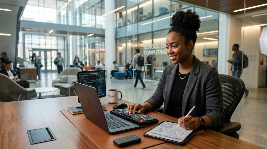 Graduate student in cybersecurity analyzing firewall configurations in university library