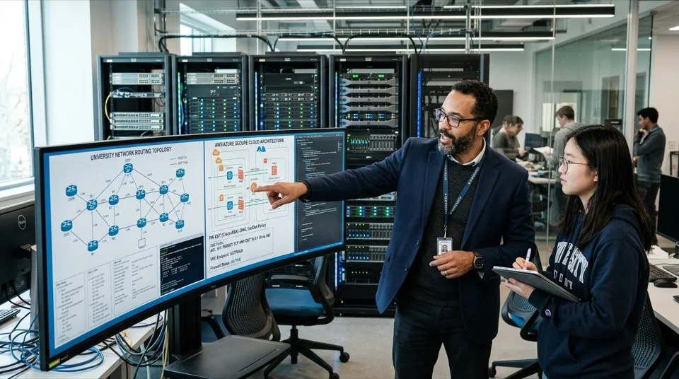 Network engineer and IT solutions instructor analyzing routing topology in server laboratory