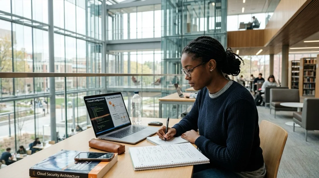 Graduate student in cybersecurity analyzing firewall configurations in university library