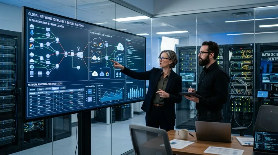 IT solutions architect analyzing enterprise network routing topologies and infrastructure
