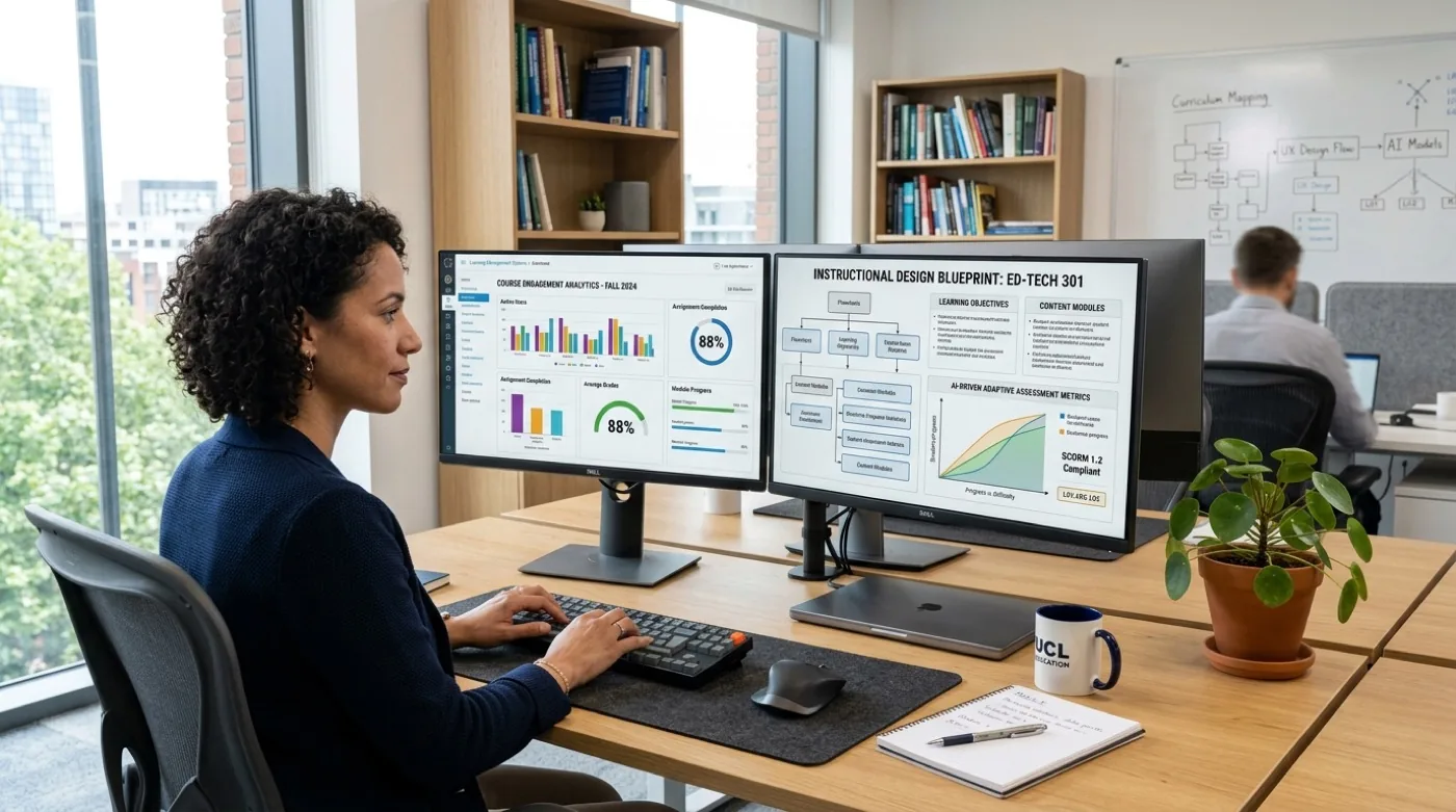 Educational neuroscience professor presenting cognitive learning models on interactive screen