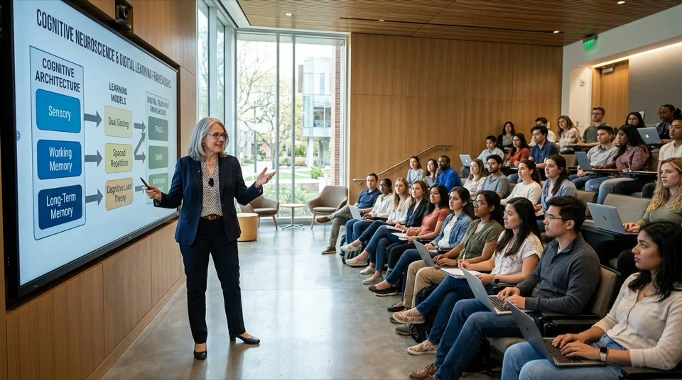 Educational neuroscience professor presenting cognitive learning models on interactive screen