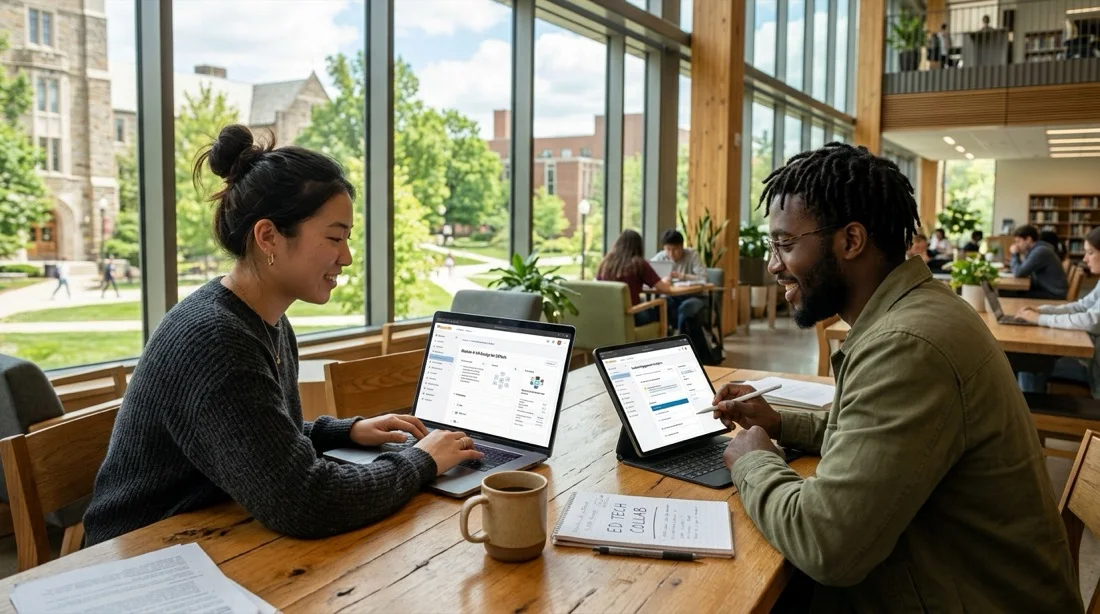 Graduate students in educational technology collaborating on interactive AI tools