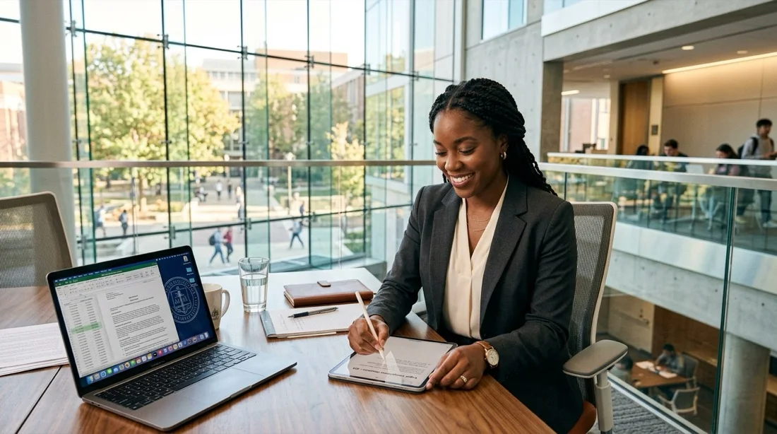 Legal studies graduate students reviewing international dispute resolution cases in library