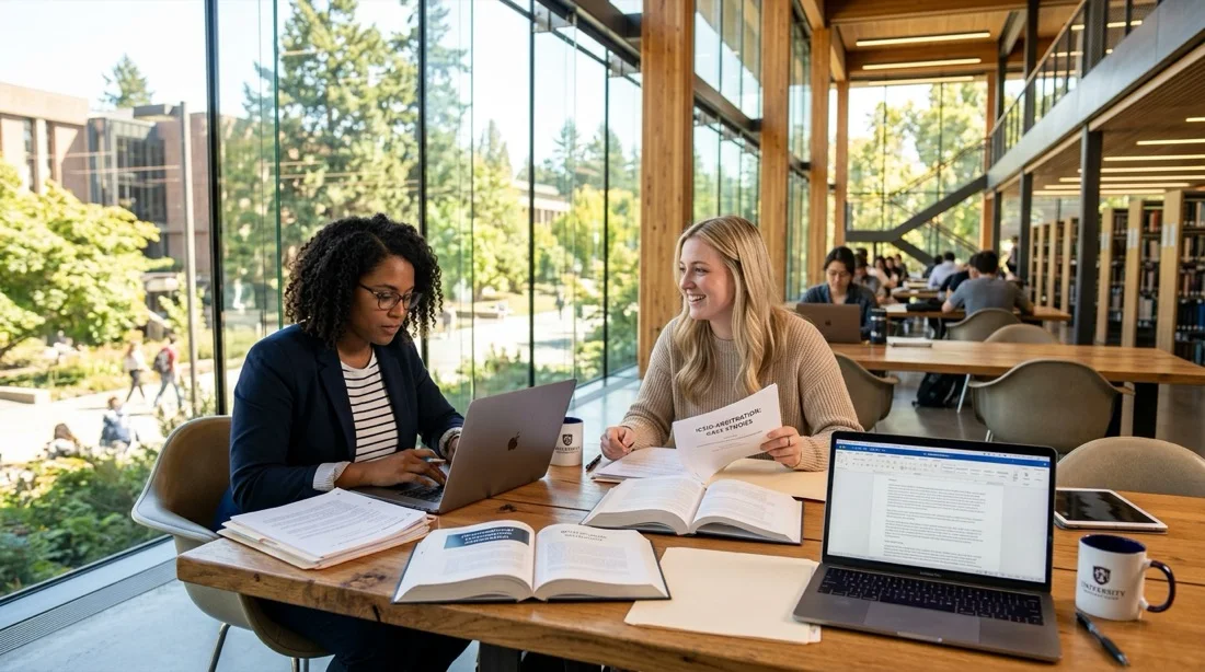 Legal studies graduate students reviewing international dispute resolution cases in library