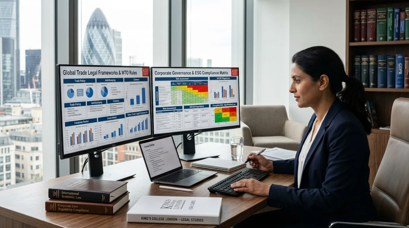 Legal studies workspace displaying global trade frameworks and corporate governance matrix